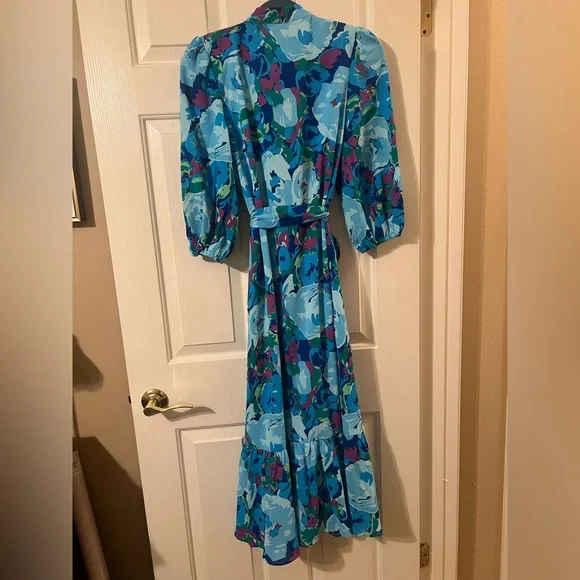 NWOT Blue Multicolor Floral Button Down 3/4 Puff Sleeve Easter Maxi Dress Small - Picture 10 of 12